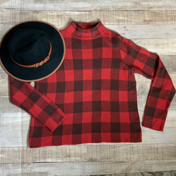 Anthropologie Field Flower Wool Blen Red/Black Buffalo Check Mock Neck S… - Picture 4 of 10
